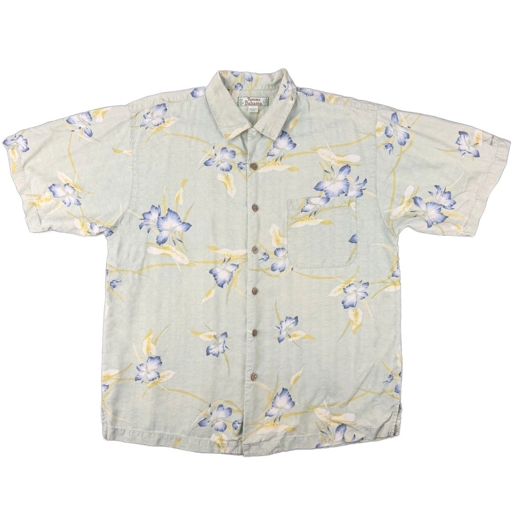 Tommy Bahama Mens L‎ Silk Short Sleeve Shirt Green Blue Floral Outdoor Button Up